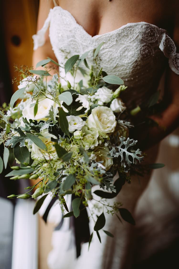 Bouquet Bride Bridal Foliage Ribbon Rose Fresia Gypsophila Greenery White Contemporary Wedding Styal Lodge Cheshire http://hayleybaxterphotography.com/