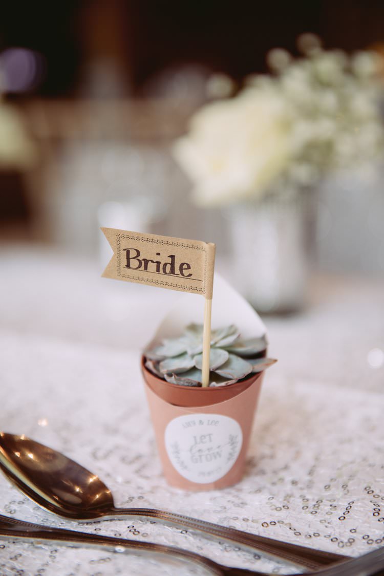 Succulent Favour Place Name Flag Greenery White Contemporary Wedding Styal Lodge Cheshire http://hayleybaxterphotography.com/