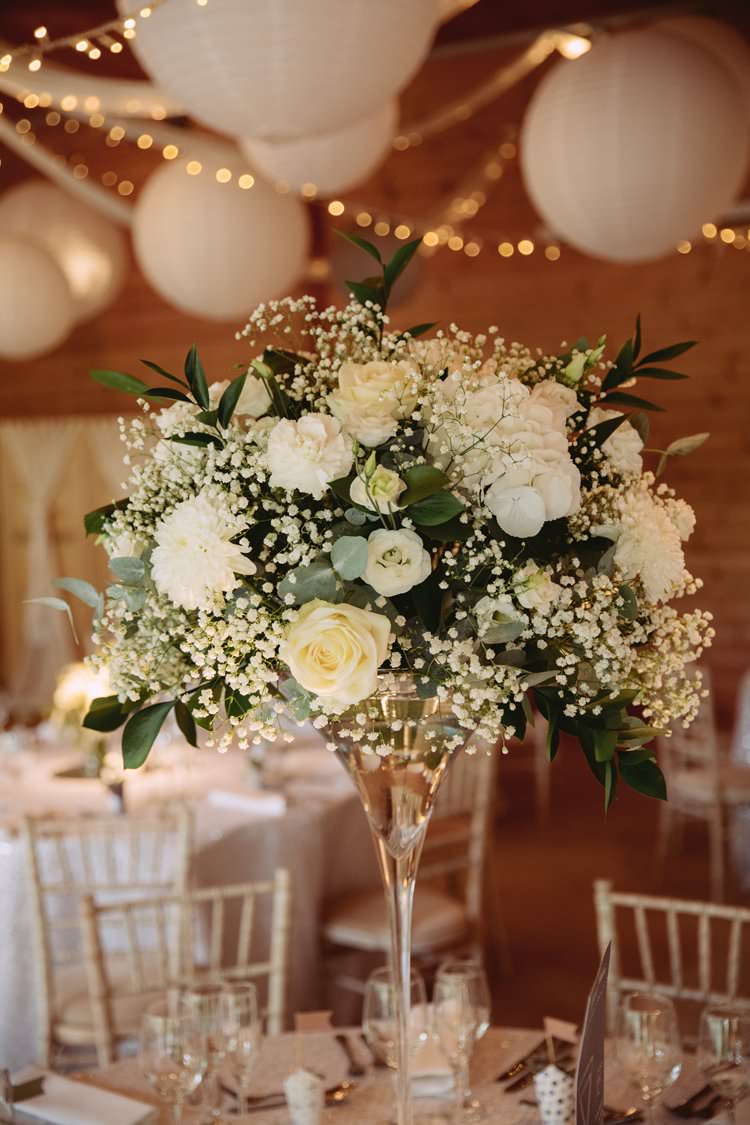 Flowers Arrangement Tall Table Foliage Ribbon Rose Fresia Gypsophila Greenery White Contemporary Wedding Styal Lodge Cheshire http://hayleybaxterphotography.com/