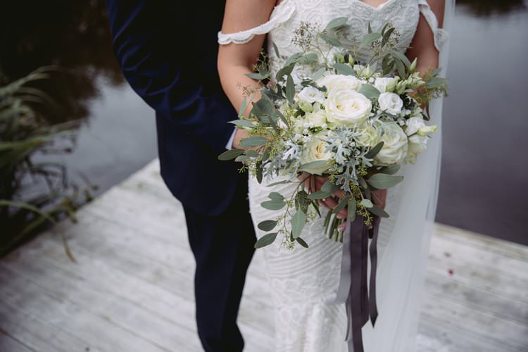 Bouquet Bride Bridal Foliage Ribbon Rose Fresia Gypsophila Greenery White Contemporary Wedding Styal Lodge Cheshire http://hayleybaxterphotography.com/