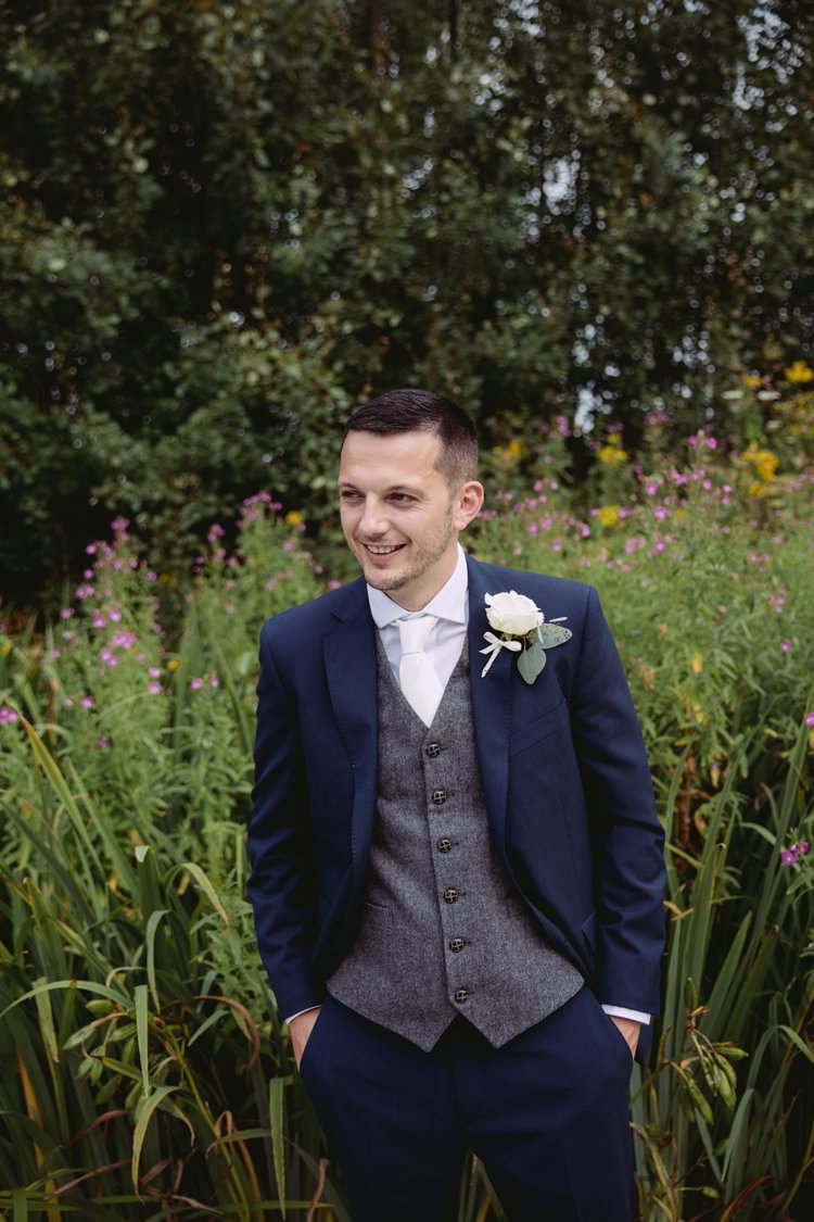Groom Suit Navy Grey Waistcoat Tie Buttonhole Greenery White Contemporary Wedding Styal Lodge Cheshire http://hayleybaxterphotography.com/