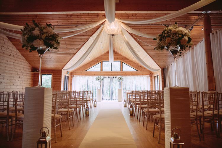 Fairy Lights Flowers Drapes Ceremony Room Greenery White Contemporary Wedding Styal Lodge Cheshire http://hayleybaxterphotography.com/