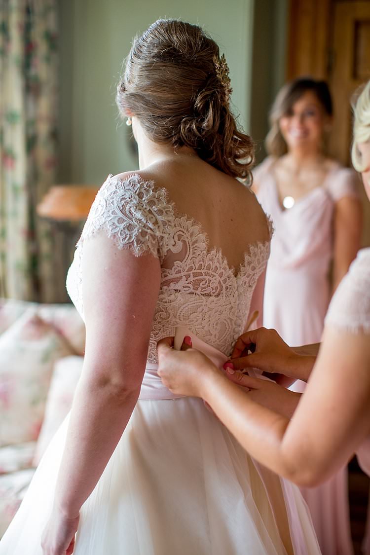 Lace Dress Gown Sleeves Off Shoulder Button Bow Back Bride Bridal Rustic Autumn Blush Pink Gold Wedding Narborough Hall Gardens Norfolk http://katherineashdown.co.uk/