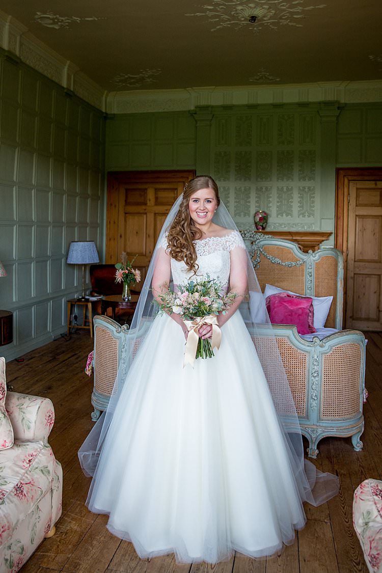 Lace Dress Gown Sleeves Off Shoulder Button Bow Back Bride Bridal Veil Rustic Autumn Blush Pink Gold Wedding Narborough Hall Gardens Norfolk http://katherineashdown.co.uk/