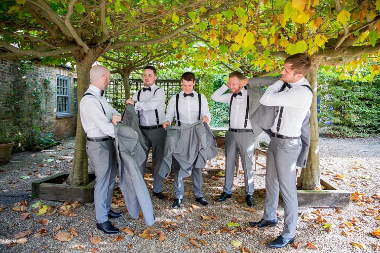 Groom Groomsmen Groomsman Suits Bow Tie Braces Grey Rustic Autumn Blush Pink Gold Wedding Narborough Hall Gardens Norfolk http://katherineashdown.co.uk/