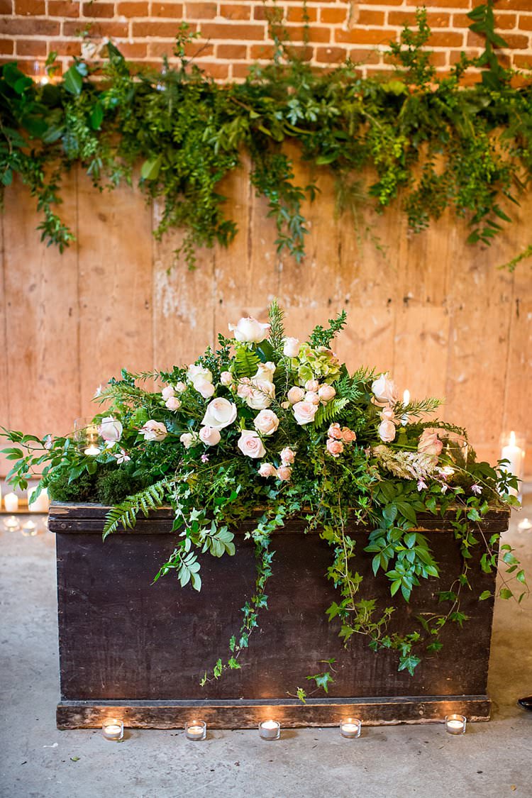 Flowers Greenery Candles Arrangement Rose Crate Wooden Box Ceremony Rustic Autumn Blush Pink Gold Wedding Narborough Hall Gardens Norfolk http://katherineashdown.co.uk/