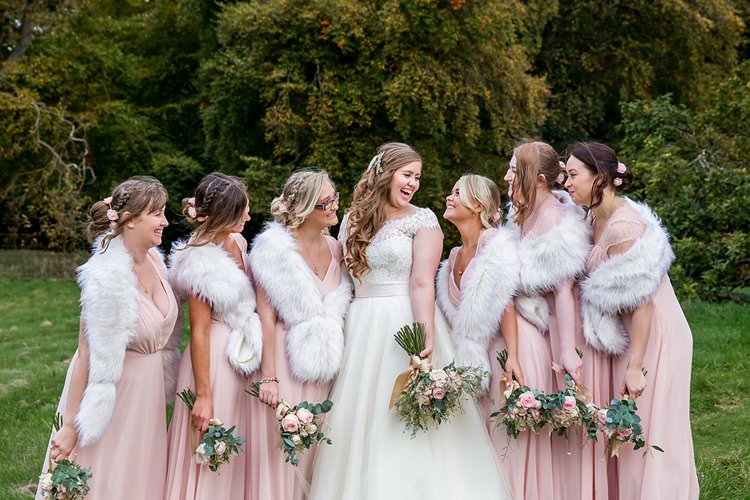 Long Maxi Bridesmaid Dresses Faux Fur Stoles Rustic Autumn Blush Pink Gold Wedding Narborough Hall Gardens Norfolk http://katherineashdown.co.uk/