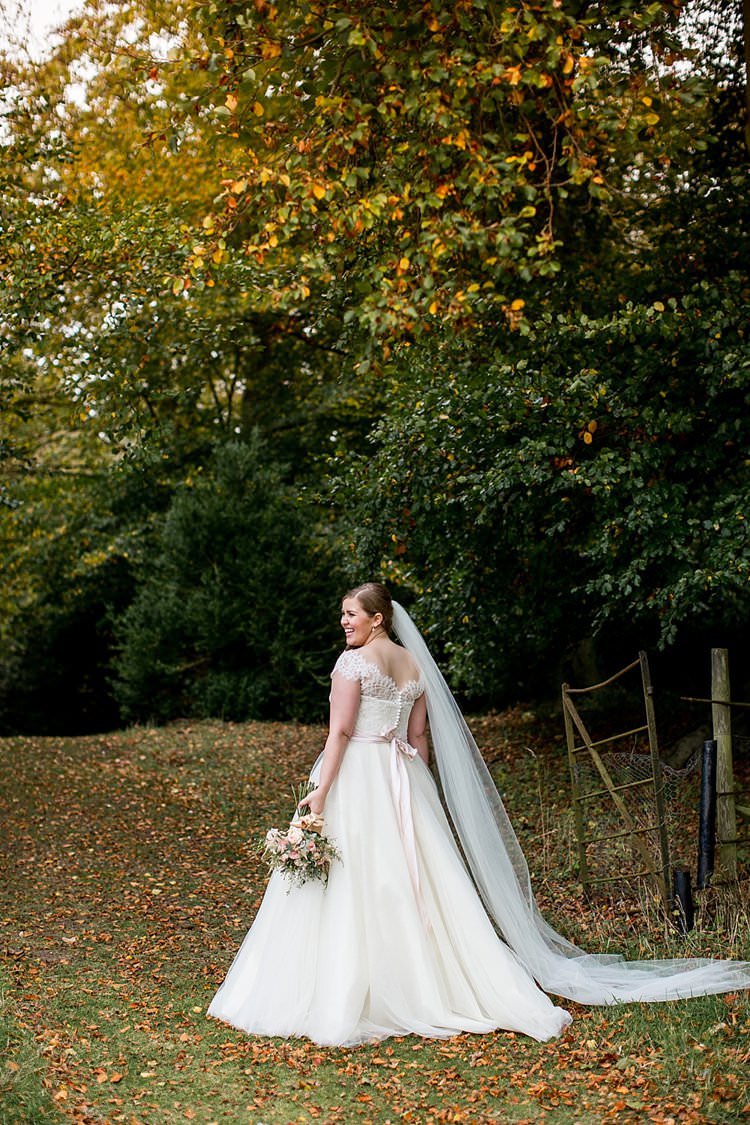 Lace Dress Gown Sleeves Off Shoulder Button Bow Back Bride Bridal Rustic Autumn Blush Pink Gold Wedding Narborough Hall Gardens Norfolk http://katherineashdown.co.uk/