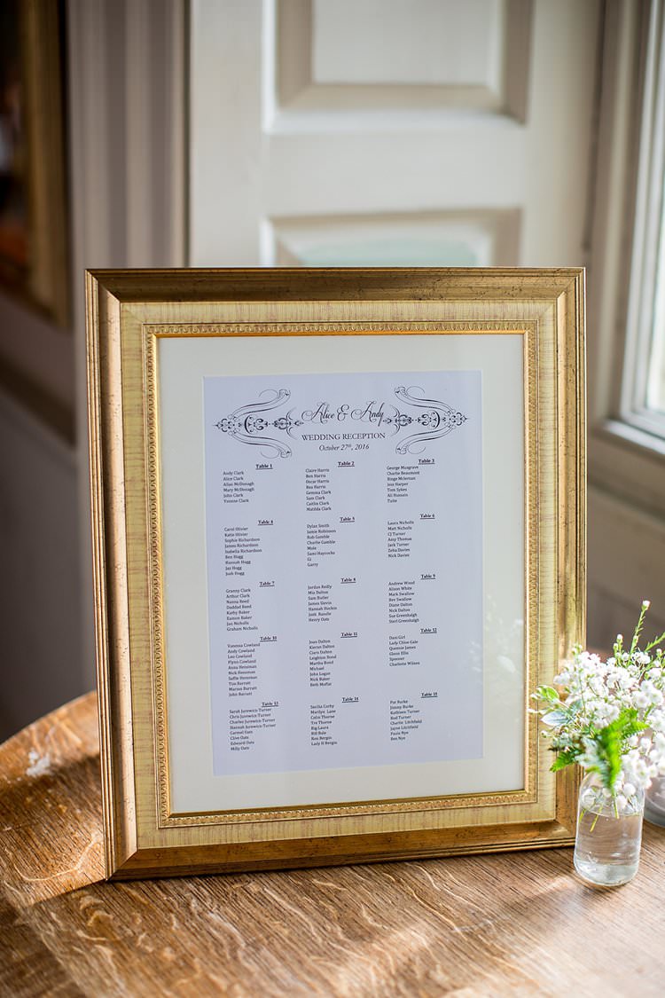 Gilt Gold Frame Seating Chart Plan Rustic Autumn Blush Pink Gold Wedding Narborough Hall Gardens Norfolk http://katherineashdown.co.uk/