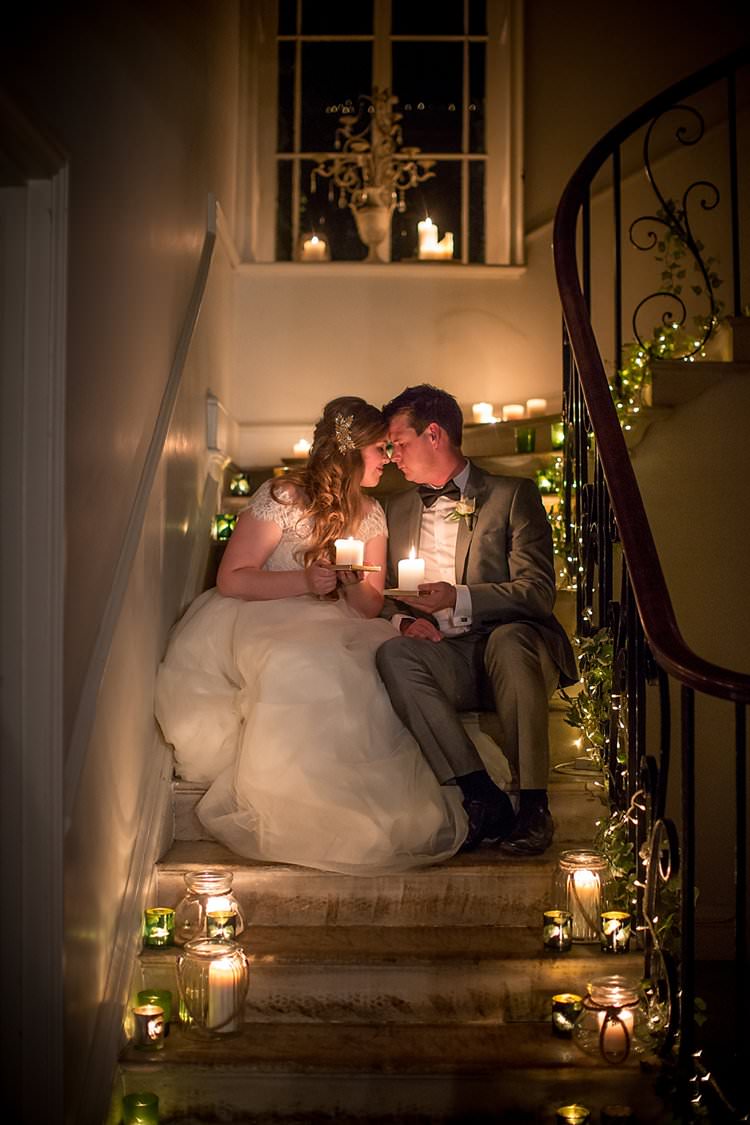 Candles Lights Staircase Rustic Autumn Blush Pink Gold Wedding Narborough Hall Gardens Norfolk http://katherineashdown.co.uk/