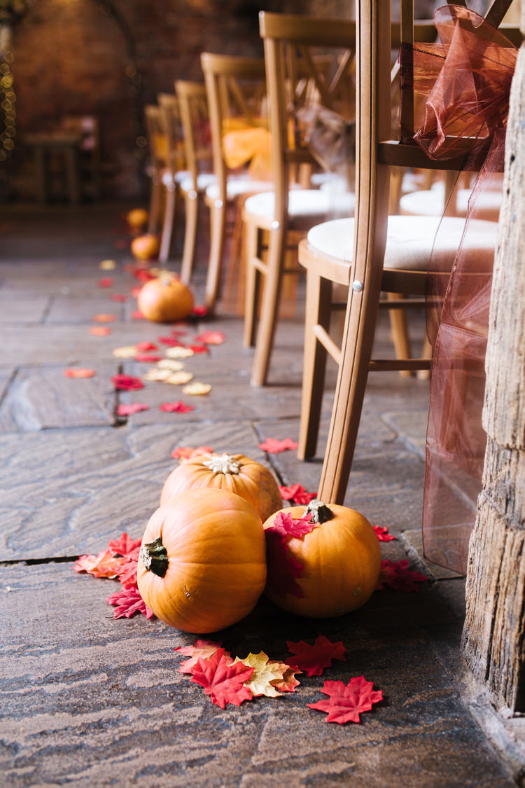Pumpkins Confetti Aisle Ceremony Autumn Packington Moor Wedding Staffordshire Farm Barn Burgundy http://kathrynedwardsphotography.com/