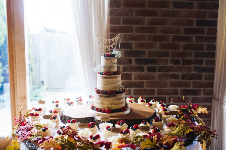 Cake Table Naked Cupcakes Autumn Packington Moor Wedding Staffordshire Farm Barn Burgundy http://kathrynedwardsphotography.com/