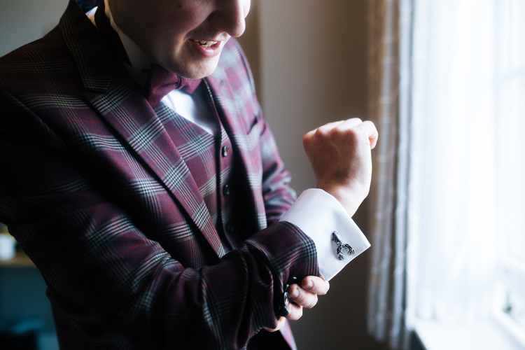 Groom Suit Check Bow Tie Autumn Packington Moor Wedding Staffordshire Farm Barn Burgundy http://kathrynedwardsphotography.com/