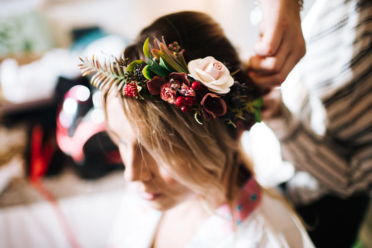 Flower Crown Bride Bridal Autumn Packington Moor Wedding Staffordshire Farm Barn Burgundy http://kathrynedwardsphotography.com/
