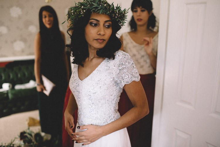 Dress Gown Bride Bridal Open Back Beaded Sleeves Autumn Woodland Wedding Woodlands Lodge New Forest http://carrielaversphotography.co.uk/