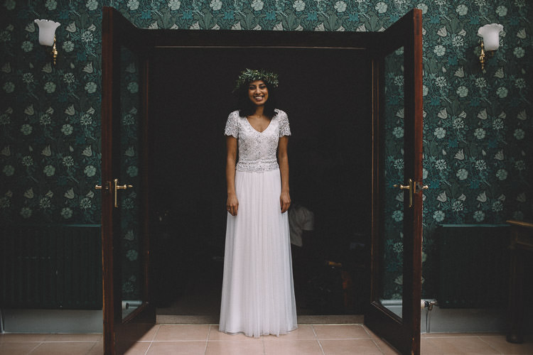 Dress Gown Bride Bridal Open Back Beaded Tulle Autumn Woodland Wedding Woodlands Lodge New Forest http://carrielaversphotography.co.uk/