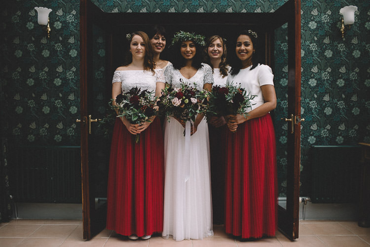 Bridesmaids Skirts Tops Red Dresses Autumn Woodland Wedding Woodlands Lodge New Forest http://carrielaversphotography.co.uk/