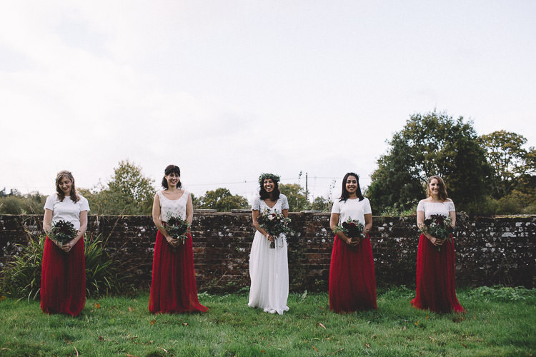 Bridesmaids Skirts Tops Red Dresses Autumn Woodland Wedding Woodlands Lodge New Forest http://carrielaversphotography.co.uk/