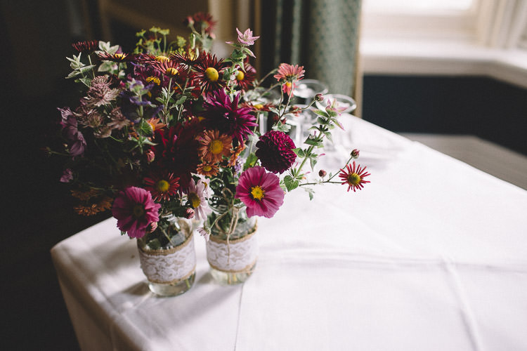 Jar Flowers Hessian Lace Autumn Woodland Wedding Woodlands Lodge New Forest http://carrielaversphotography.co.uk/