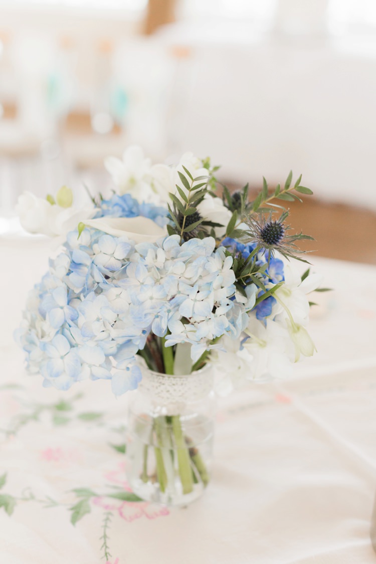 Flowers Blue White Hydrangea Jar Lace Thistle Centrepice Table Decor Vintage 1930s Wedding Worthing Pier West Sussex https://clairemacintyre.com/