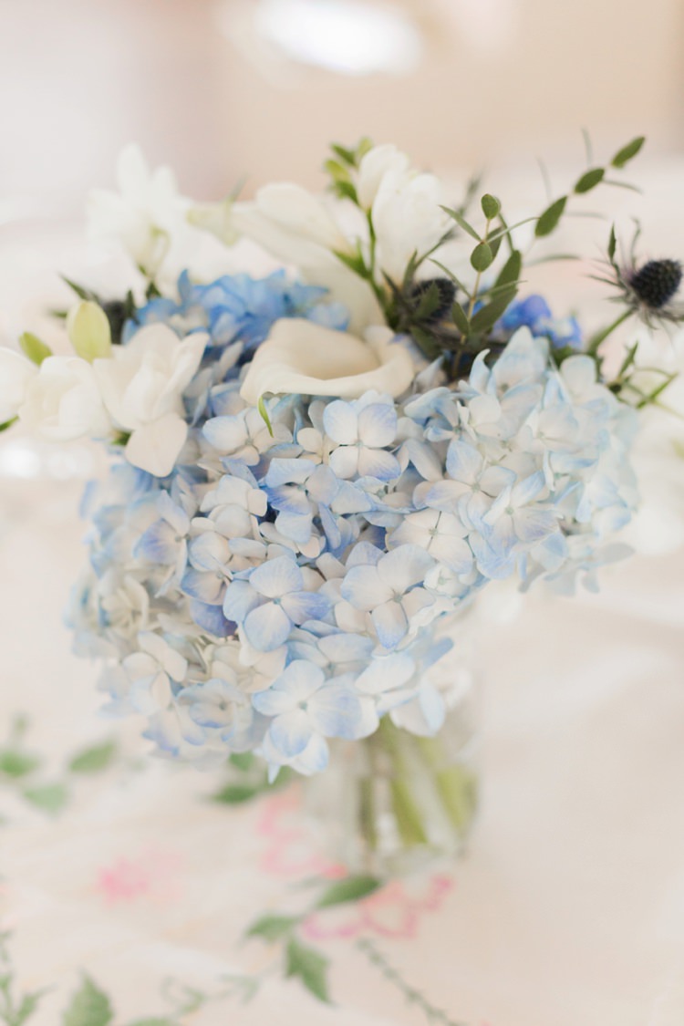 Flowers Blue White Hydrangea Jar Lace Thistle Centrepice Table Decor Vintage 1930s Wedding Worthing Pier West Sussex https://clairemacintyre.com/