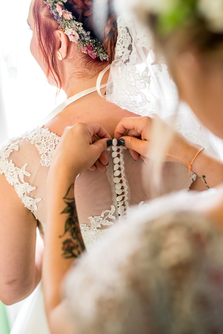 Lace Button Back Dress Gown Bride Bridal Mismatched Colourful Wildflower Meadow Wedding Hush Venues Norfolk http://lighteningphotography.co.uk/
