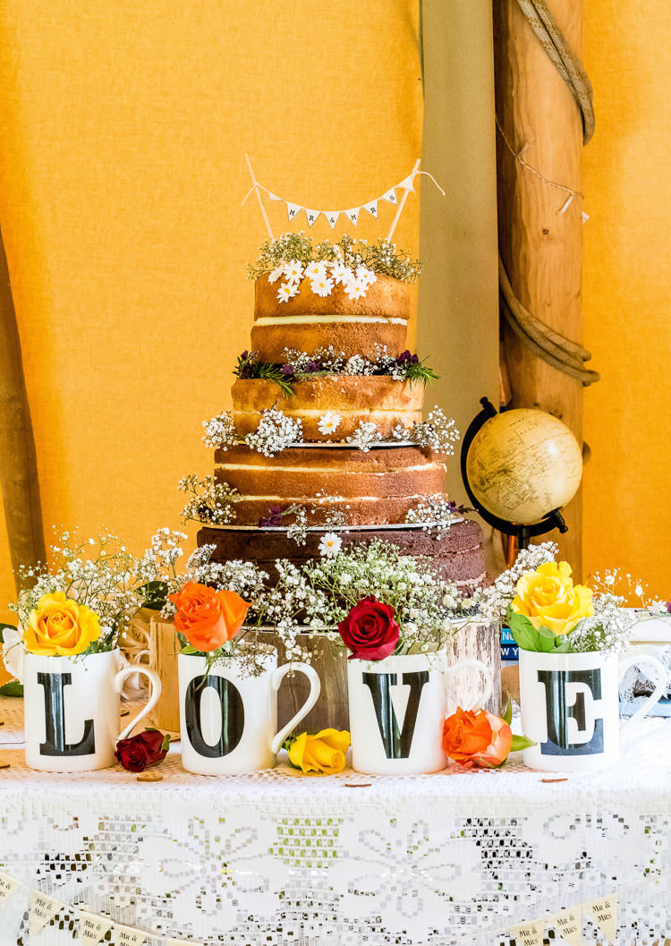 Naked Cake Sponge Layer Bunting LOVE Mugs Flowers Mismatched Colourful Wildflower Meadow Wedding Hush Venues Norfolk http://lighteningphotography.co.uk/