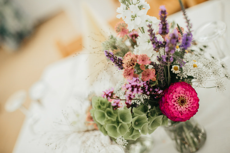 Jam Jar Flowers Daisy Lavender Gypsophila Wild Relaxed Natural Local Country Marquee Wedding http://francescahillphotography.com/