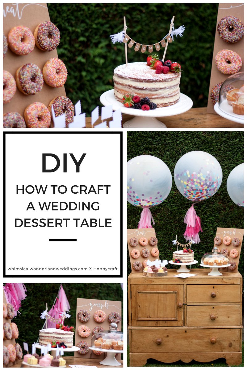 DIY Wedding Dessert Table Tutorial Cake Giant Confetti Balloons Tassels Donut Wall Naked Cake Vintage Table Dresser