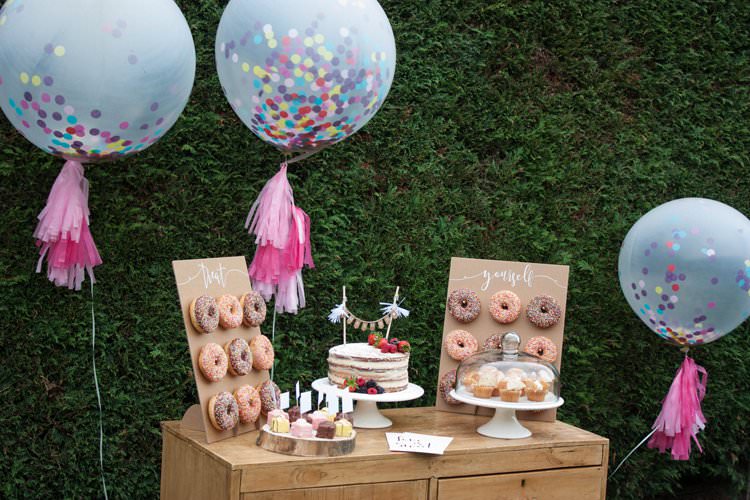 DIY Wedding Dessert Table Tutorial Cake Giant Confetti Balloons Tassels Donut Wall Naked Cake