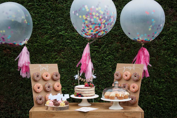 DIY Wedding Dessert Table Tutorial Cake Giant Confetti Balloons Tassels Donut Wall Naked Cake