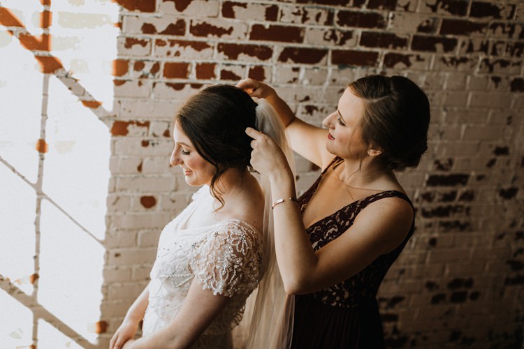 City Urban Georgia Engine Room Exposed Bricks Bride Burgundy Bridesmaids Morning Prep Veil | Bohemian Industrial Oxblood Wedding https://www.lunaleephotos.com/