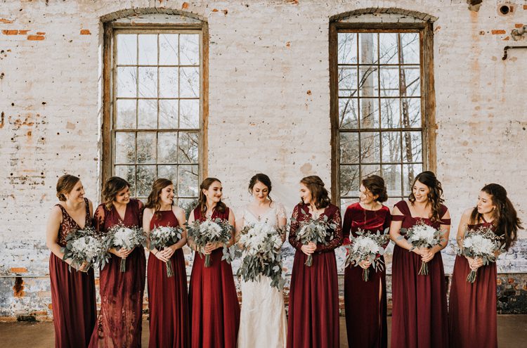 City Urban Georgia Engine Room Exposed Bricks Bride Burgundy Bridesmaids White Foliage Bouquet | Bohemian Industrial Oxblood Wedding https://www.lunaleephotos.com/