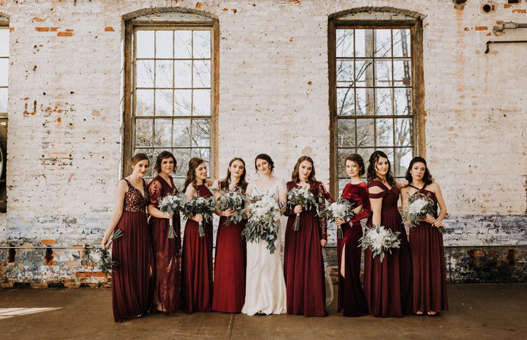 City Urban Georgia Engine Room Exposed Bricks Bride Burgundy Bridesmaids White Foliage Bouquet | Bohemian Industrial Oxblood Wedding https://www.lunaleephotos.com/