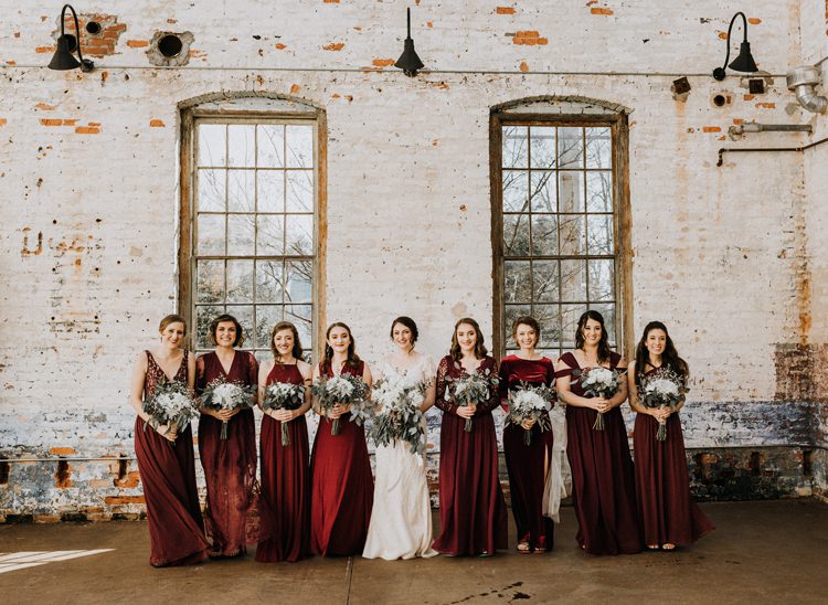 City Urban Georgia Engine Room Exposed Bricks Bride Burgundy Bridesmaids White Foliage Bouquet | Bohemian Industrial Oxblood Wedding https://www.lunaleephotos.com/