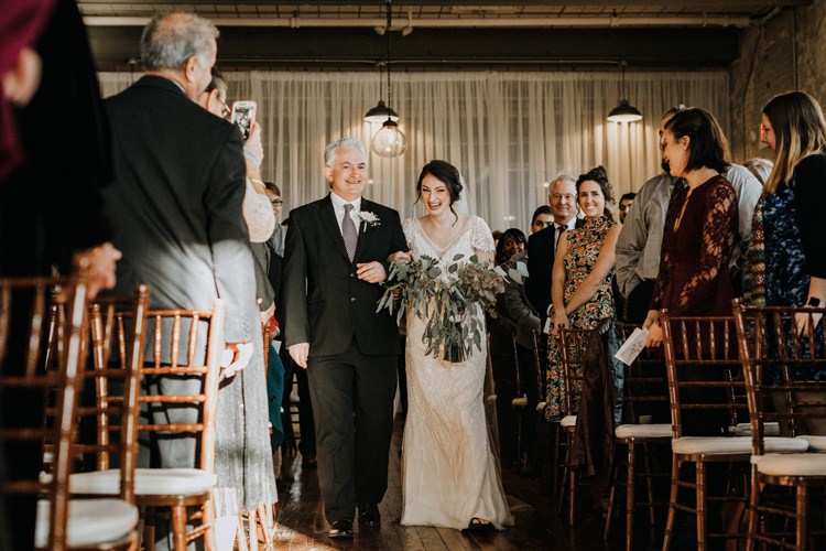 City Urban Georgia Engine Room Exposed Bricks Ceremony Aisle Bride Greenery White Bouquet | Bohemian Industrial Oxblood Wedding https://www.lunaleephotos.com/