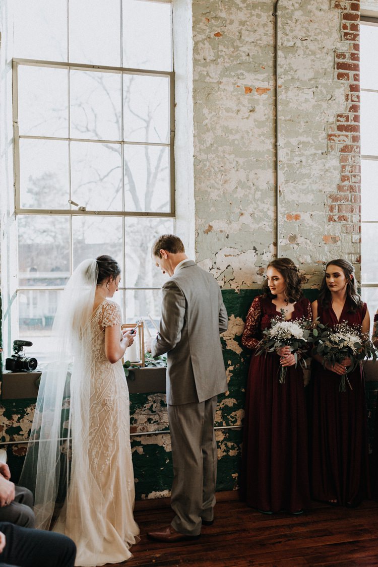 City Urban Georgia Engine Room Exposed Bricks Ceremony Aisle Bride Groom White Bouquet | Bohemian Industrial Oxblood Wedding https://www.lunaleephotos.com/