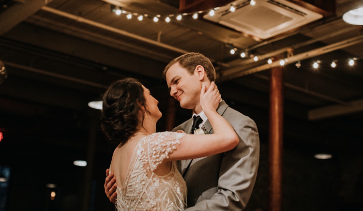 City Urban Georgia Engine Room Exposed Bricks Reception Bride Groom First Dance | Bohemian Industrial Oxblood Wedding https://www.lunaleephotos.com/