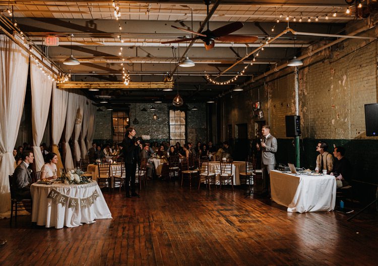 City Urban Georgia Engine Room Exposed Bricks Reception Dinner Chiavari Chairs Rustic Speeches | Bohemian Industrial Oxblood Wedding https://www.lunaleephotos.com/
