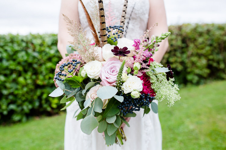 Bride Bridal Bouquets Pheasant Feather Multicoloured Pink Rose Autumn Countryside Family Farm Wedding Dorset http://www.lydiastampsphotography.com/