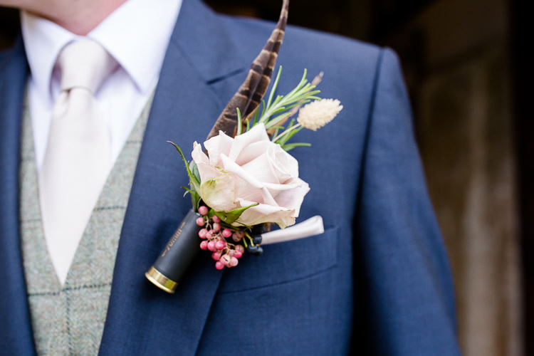 Groom Buttonhole Pheasant Feather Shot Gun Cartridge Rose Autumn Countryside Family Farm Wedding Dorset http://www.lydiastampsphotography.com/