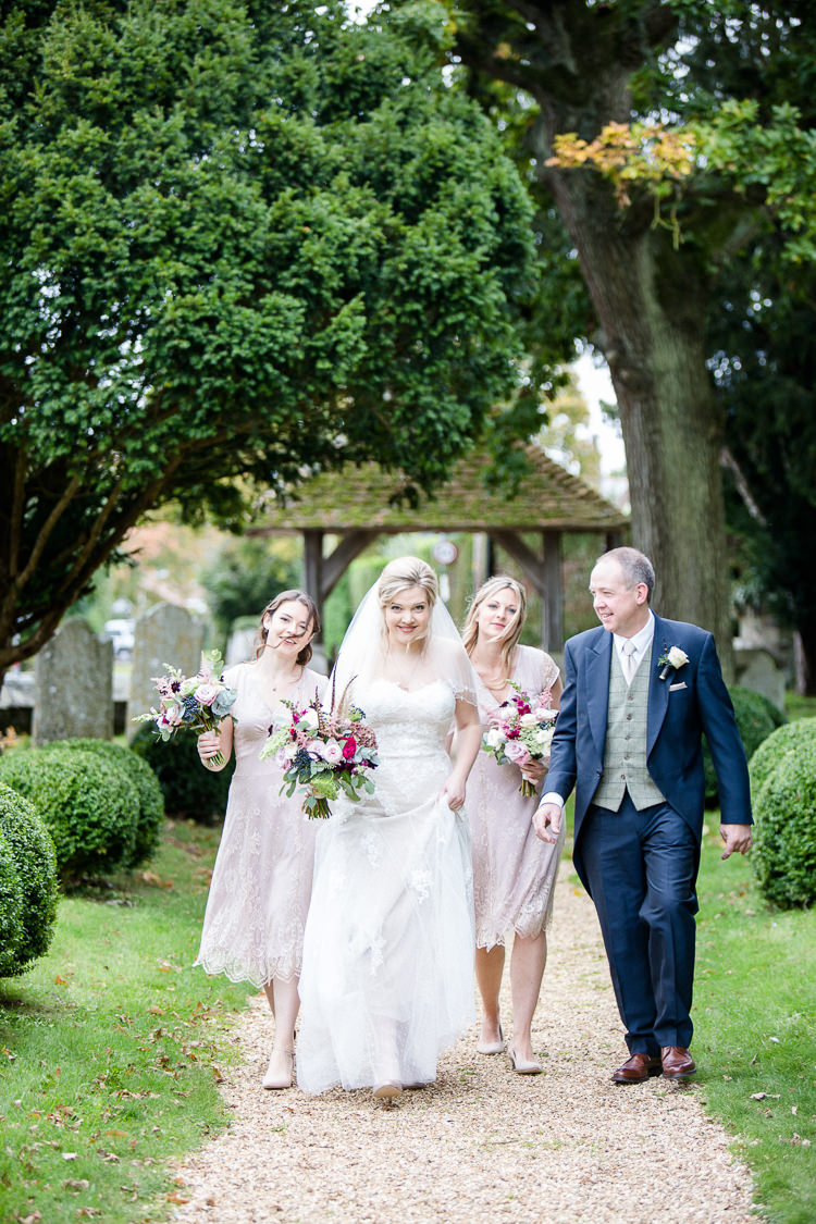 Bride Bridal Lace Strapless Dress Tulle Veil Bouquet Multicoloured Pheasant Feather Pink Blush Bridesmaids V Neck Autumn Countryside Family Farm Wedding Dorset http://www.lydiastampsphotography.com/