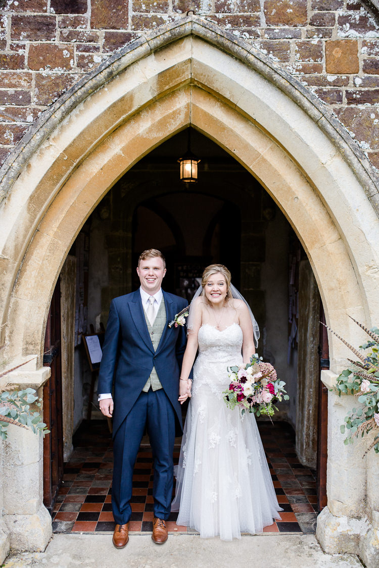 Bride Bridal Lace Strapless Dress Tulle Veil Bouquet Multicoloured Pheasant Feather Groom Blue Tails Waistcoat Three Piece Suit Autumn Countryside Family Farm Wedding Dorset http://www.lydiastampsphotography.com/
