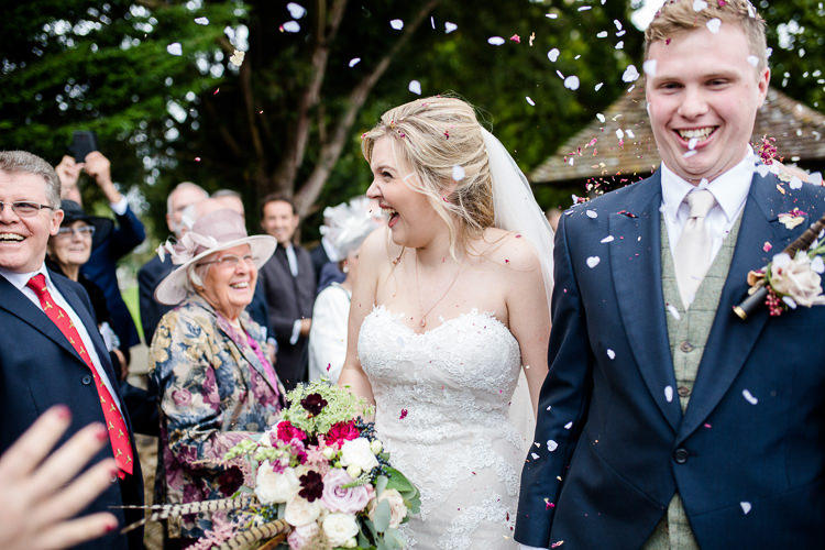 Bride Bridal Lace Strapless Dress Tulle Veil Bouquet Multicoloured Pheasant Feather Groom Blue Tails Waistcoat Three Piece Suit Confetti Autumn Countryside Family Farm Wedding Dorset http://www.lydiastampsphotography.com/