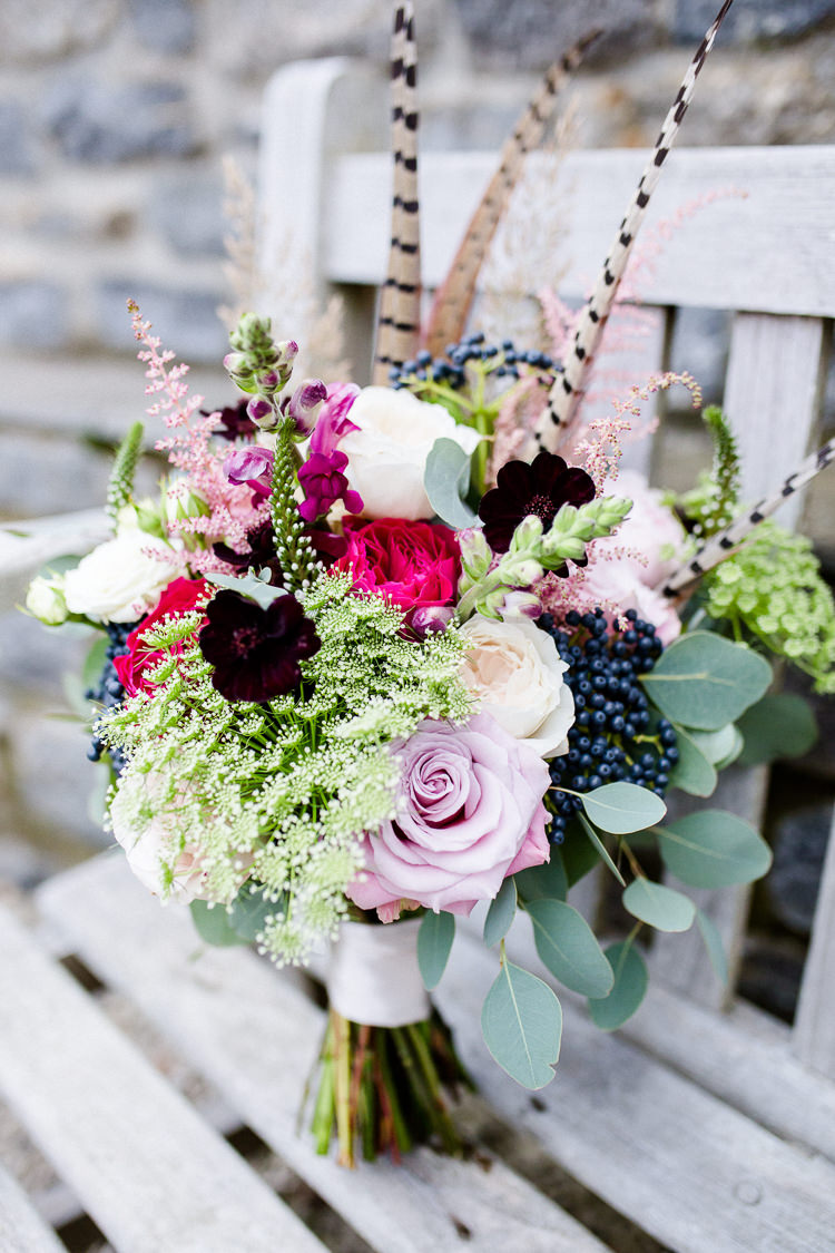 Bride Bridal Bouquet Pheasant Feather Rose Eucalyptus Multicoloured Autumn Countryside Family Farm Wedding Dorset http://www.lydiastampsphotography.com/