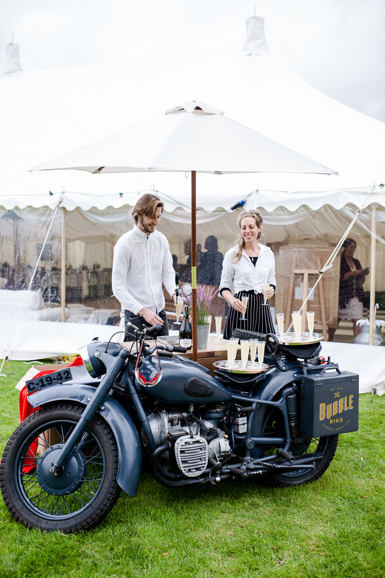 Prosecco Bubble Bike Bros Vintage Motorbike Drinks Reception Autumn Countryside Family Farm Wedding Dorset http://www.lydiastampsphotography.com/
