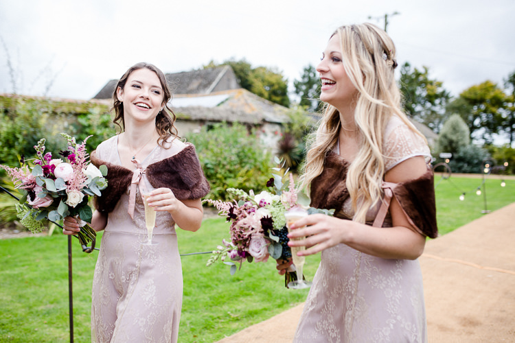 Bridesmaids Pink Blush Brown Fur Cape Bouquet Pheasant Feather Multicoloured Autumn Countryside Family Farm Wedding Dorset http://www.lydiastampsphotography.com/