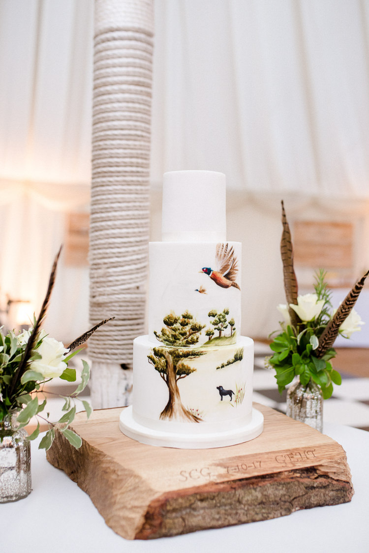 Cake Hand Painted Country Scene Pheasant Wooden Stand Foliage Floral Feather Autumn Countryside Family Farm Wedding Dorset http://www.lydiastampsphotography.com/