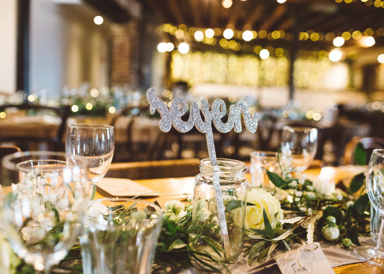 Table Number Laser Cut Glittery Sparkle Silver Greenery White Cream Roses Cool Stylish Windy Coastal Wedding East Quay Lobster Shack Whitstable http://holliecarlinphotography.com/