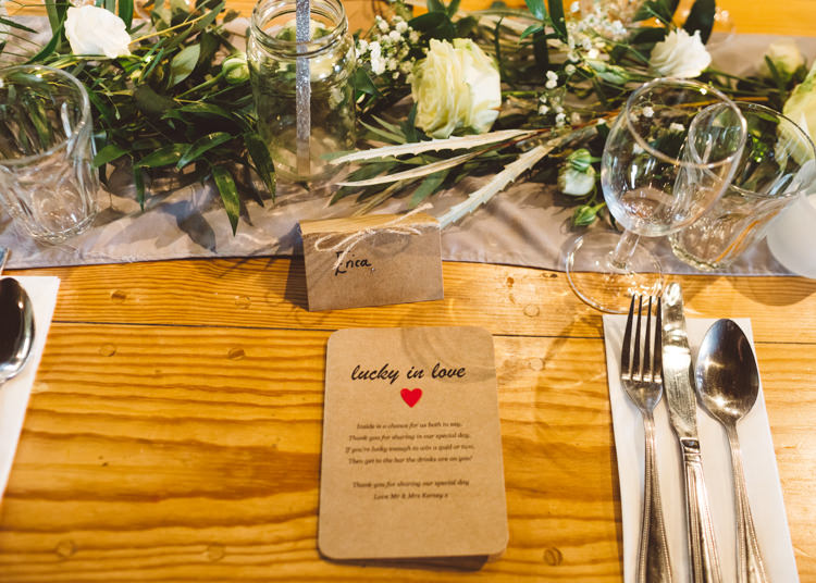 Place Setting Rustic Beige Paper Greenery White Rose Foliage Cool Stylish Windy Coastal Wedding East Quay Lobster Shack Whitstable http://holliecarlinphotography.com/